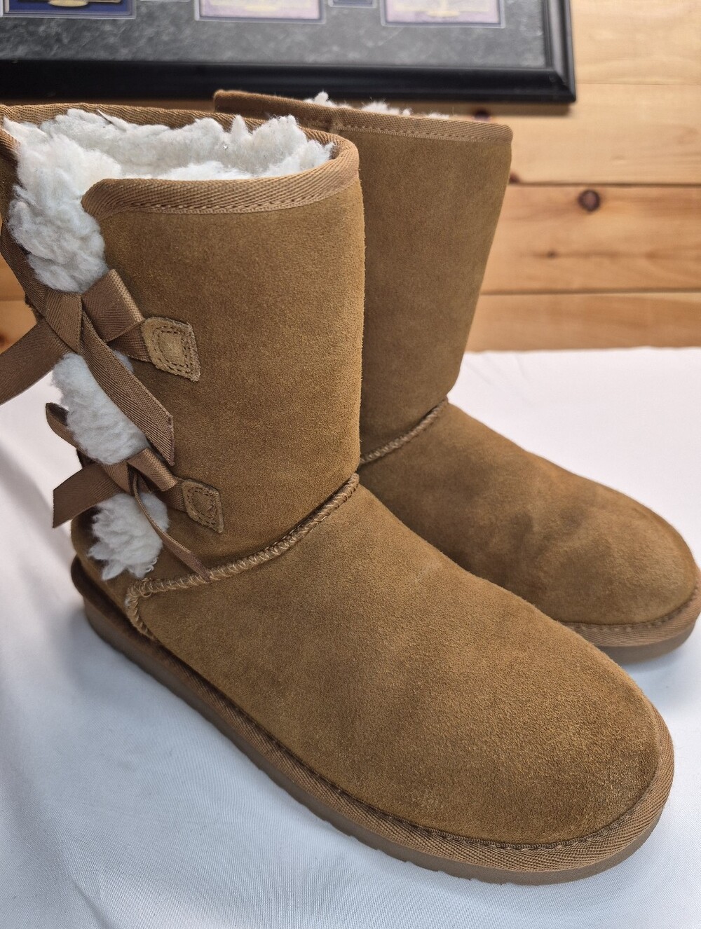 Koolaburra Chestnut Suede Shearling-Lined Winter Boots with Back Ribbon Detail